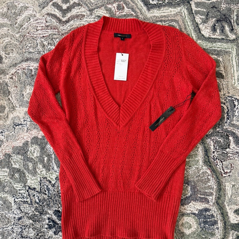 BCBG Max Azaria Burnt Orange Deep V Neck Sweater Tunic Wool Angora Large NWT - Picture 7 of 9